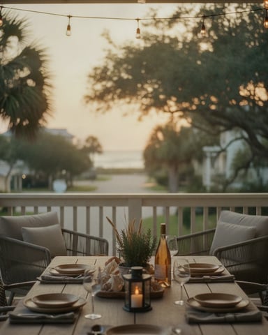 Screened porch with dining table set for two, palm trees and water view at dusk