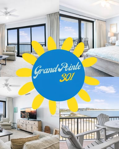 Grand Petite 301 logo with bedroom, living room, and oceanfront balcony views