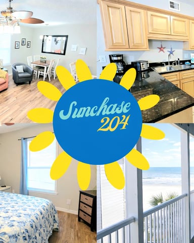 Sunchase 204 vacation rental collage showing open-plan living room with coral sofa, kitchen with black countertops, bedroom with ocean view, and oceanfront